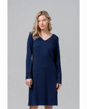 Νυχτικό μονόχρωμο cotton modal με δαντέλα - 39819 blue