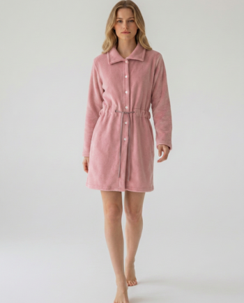 Ρόμπα  Fleece midi με Γιακά και Κουμπιά Μονόχρωμη 100%pes – 411707 - DUSTY PINK