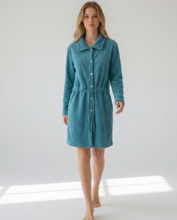 Ρόμπα  Fleece midi με Γιακά και Κουμπιά Μονόχρωμη 100%pes – 411707 - PETROL