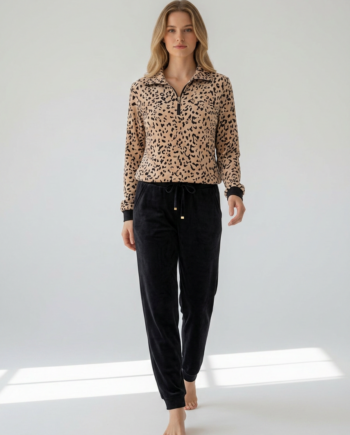 Σετ Soft Velour Φόρμα με Γιακά  Black Leopard  και παντελόνι με λάστιχο  94%pes  6% el– 511611